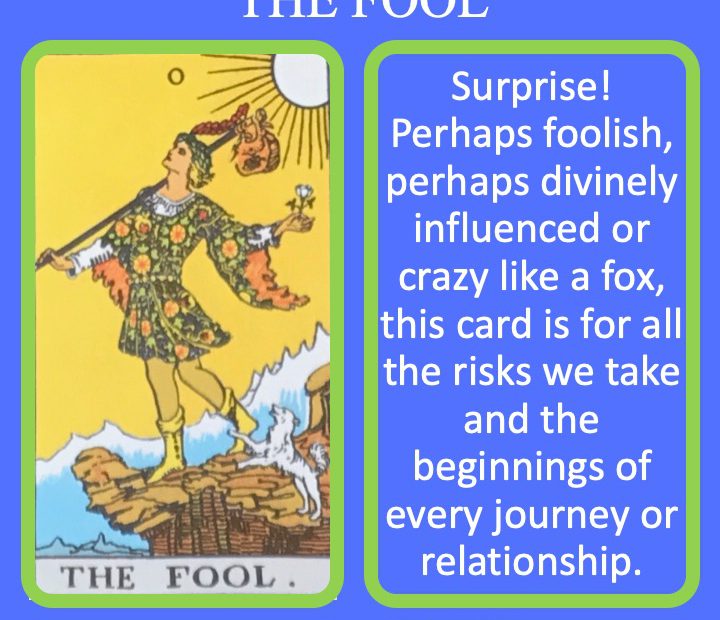 The RWS card shows the Fool about the step off a cliff as they begin the journey through the Tarot. It's meaning include surprise.