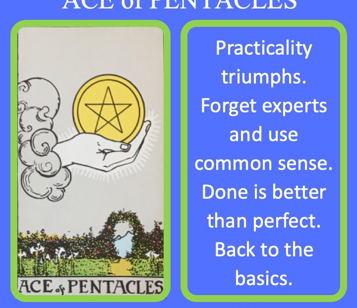 The RWS Minor Arcana Tarot Sword, Ace of Pentacles, shows a hand holding a Pentacle over a fertile land indicating pure practical and mundane work.