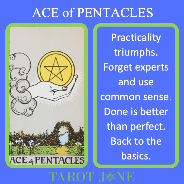 The RWS Minor Arcana Tarot Sword, Ace of Pentacles, shows a hand holding a Pentacle over a fertile land indicating pure practical and mundane work.