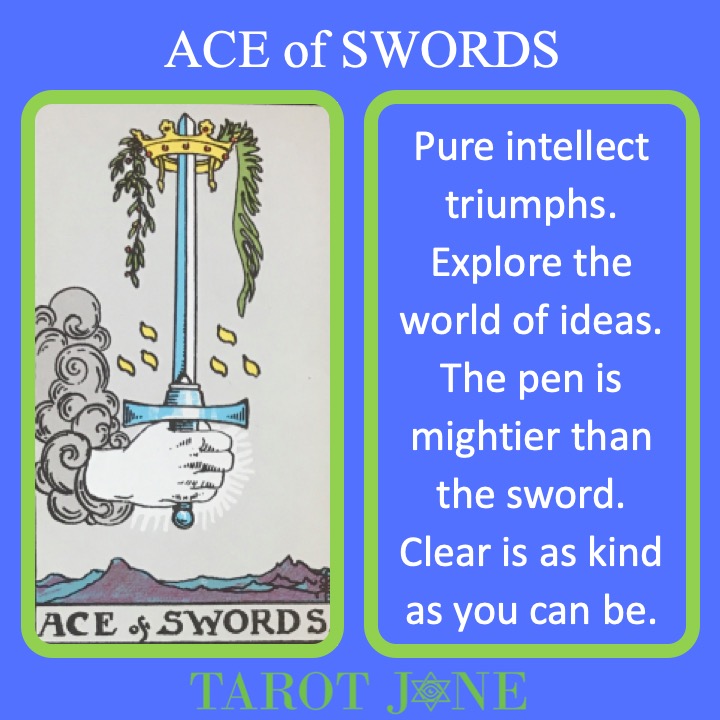 The RWS Minor Arcana Tarot Card, Ace of Swords, shows a hand holding a crowned sword  indicating pure intellect.