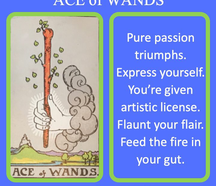 The RWS Minor Arcana Tarot Card, Ace of Wands, shows a living wand over land indicating the rising of passion.