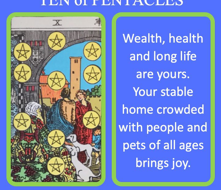 The RWS Minor Arcana Tarot Card shows a multigenerational prosperous family indicating the peak of wealth and health.