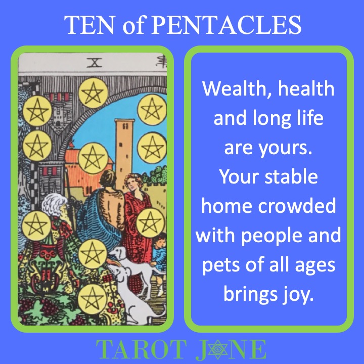 The RWS Minor Arcana Tarot Card shows a multigenerational prosperous family indicating the peak of wealth and health.