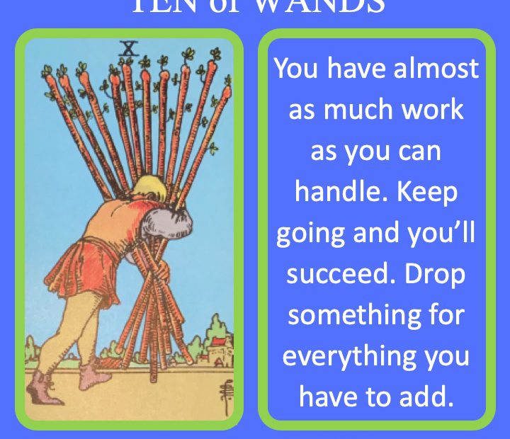 The RWS Minor Arcana Tarot Card, the Ten of Wands, shows a worker struggling to carry many staffs indicating the most work that you can possibly do.