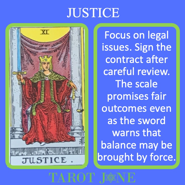 The 12th RWS Major Arcana Tarot Card shows Lady Justice and indicates success in legal endeavors. 