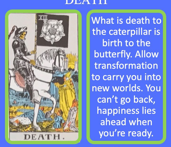 The 14th RWS Major Arcana Tarot Card shows Death riding a white horse signifying transformation.