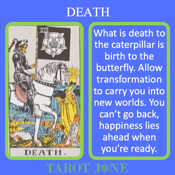 The 14th RWS Major Arcana Tarot Card shows Death riding a white horse signifying transformation.