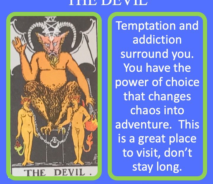 The 16th RWS Major Arcana Tarot Card shows a horned devil with two chained people indicating the prison created by addiction.