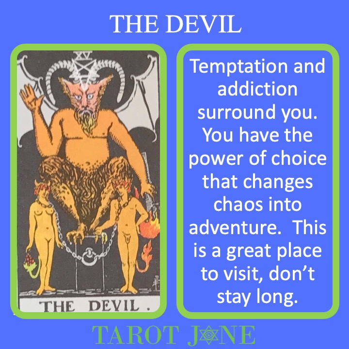 The 16th RWS Major Arcana Tarot Card shows a horned devil with two chained people indicating the prison created by addiction.