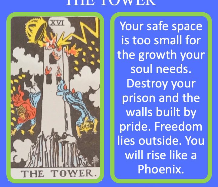 The 17th RWS Major Arcana Tarot Card shows a tower struck by lightning indicating destruction.