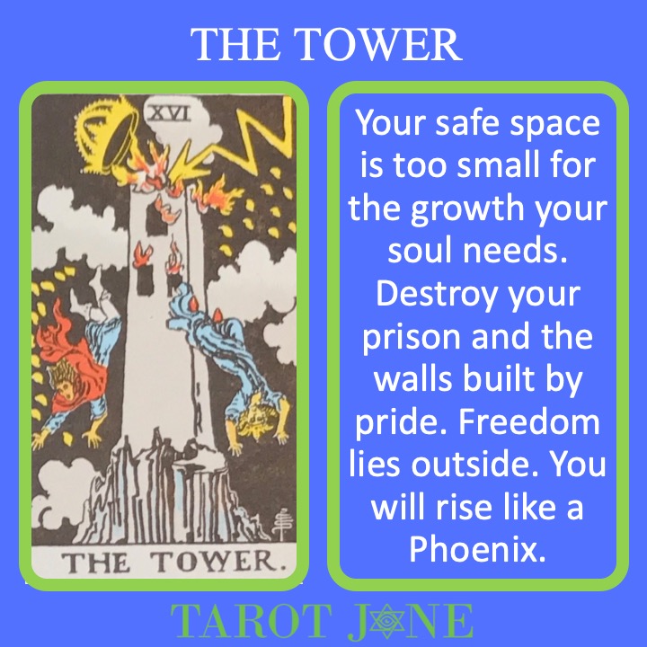 The 17th RWS Major Arcana Tarot Card shows a tower struck by lightning indicating destruction.