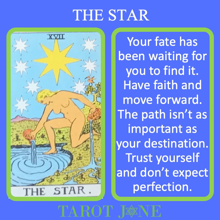 The 18th RWS Major Arcana Tarot Card offers a women with stars in the sky indicating the power of fate.