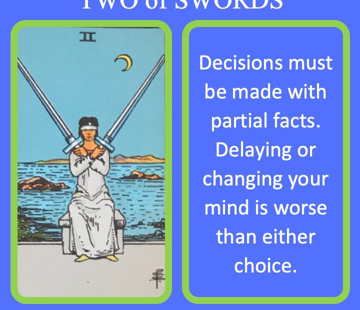 The RWS Minor Arcana Tarot Card, 2 of Swords, shows blind justice holding 2 swords, indicating a time of objective judgement.