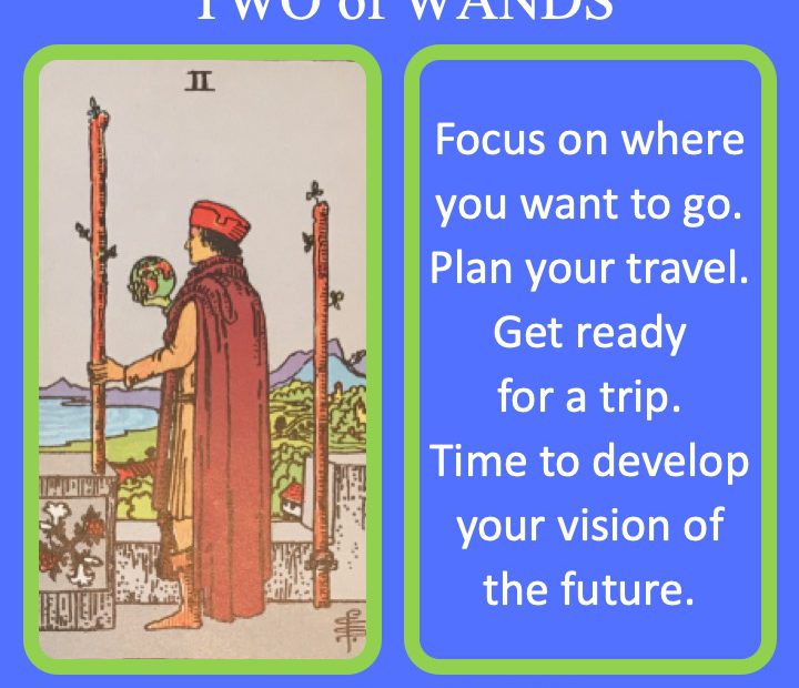 The RWS Minor Arcana Tarot Card, 2 of Wands, shows a traveler holding a globe with walking staffs indicating the need to plan how to get somewhere.
