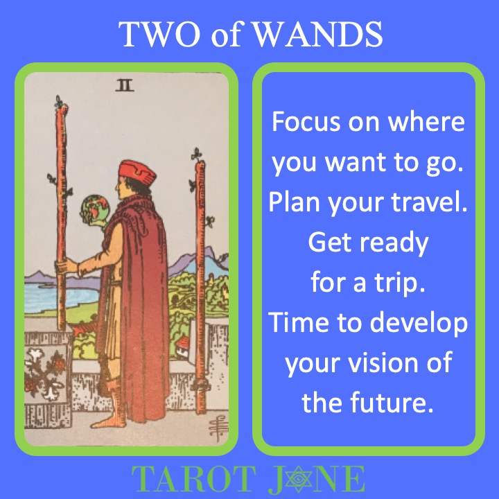 The RWS Minor Arcana Tarot Card, 2 of Wands, shows a traveler holding a globe with walking staffs indicating the need to plan how to get somewhere.