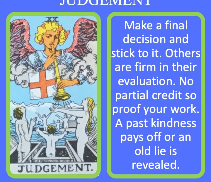 The 21st RWS Major Arcana Tarot Card shows an angel blowing the horn on Judgement Day indicating an time of reckoning.