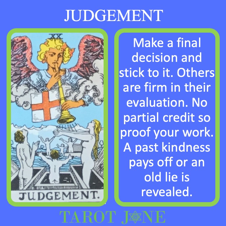 The 21st RWS Major Arcana Tarot Card shows an angel blowing the horn on Judgement Day indicating an time of reckoning.