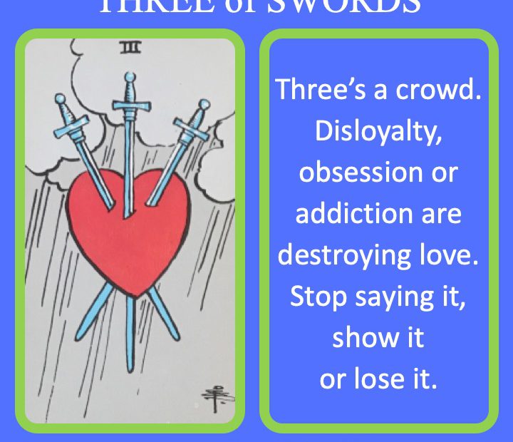 The RWS Minor Arcana Tarot Card, 3 of Swords, shows a heart pierced by three swords indicating a broken heart.