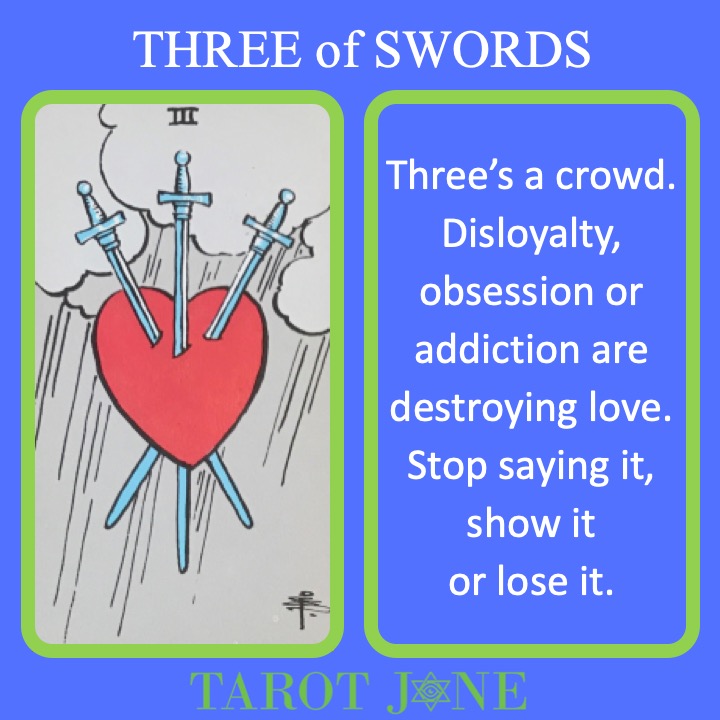 The RWS Minor Arcana Tarot Card, 3 of Swords, shows a heart pierced by three swords indicating a broken heart.