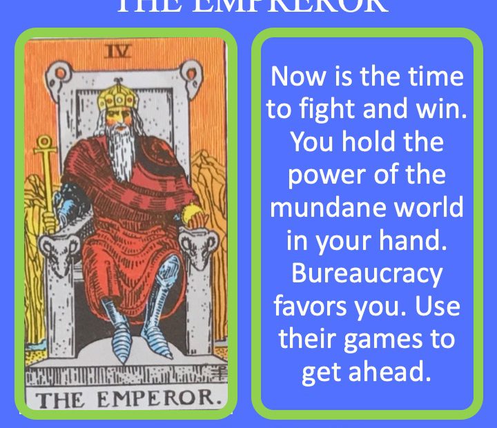 The 5th RWS Major Arcana Tarot card shows a powerful Emperor on his throne and indicates mundane hierarchical authority.