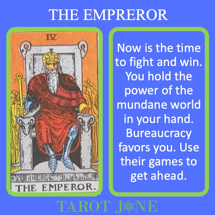 The 5th RWS Major Arcana Tarot card shows a powerful Emperor on his throne and indicates mundane hierarchical authority. 