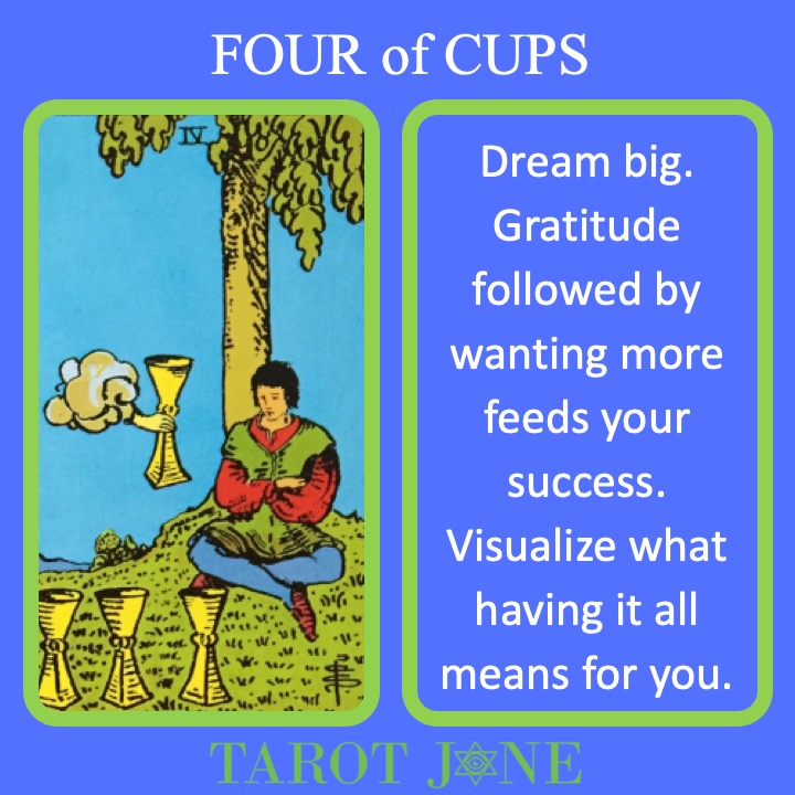 The RWS Minor Arcana Tarot Card, 4 of Cups, shows a figure under a tree with a hand offering a cup indicating a time of dreaming.