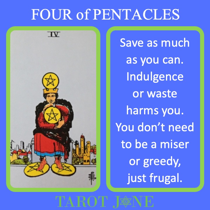 The RWS Minor Arcana Tarot Card, 4 of Pentacles, shows a miser grasping coins indicating the hoarding of money.