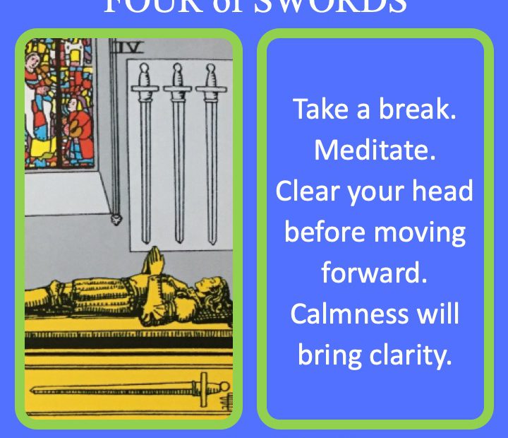 The RWS Minor Arcana Tarot Cards, 4 of Swords, shows a resting figure indicating a time to recover.