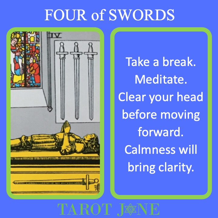 The RWS Minor Arcana Tarot Cards, 4 of Swords, shows a resting figure indicating a time to recover.