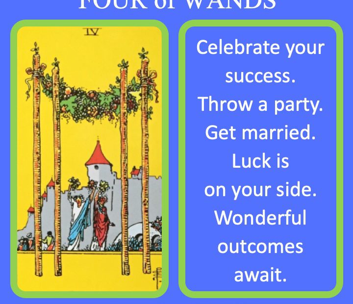 The RWS Minor Arcana Tarot Card, 4 of Wands, shows a wedding celebration indicating a joyous time.