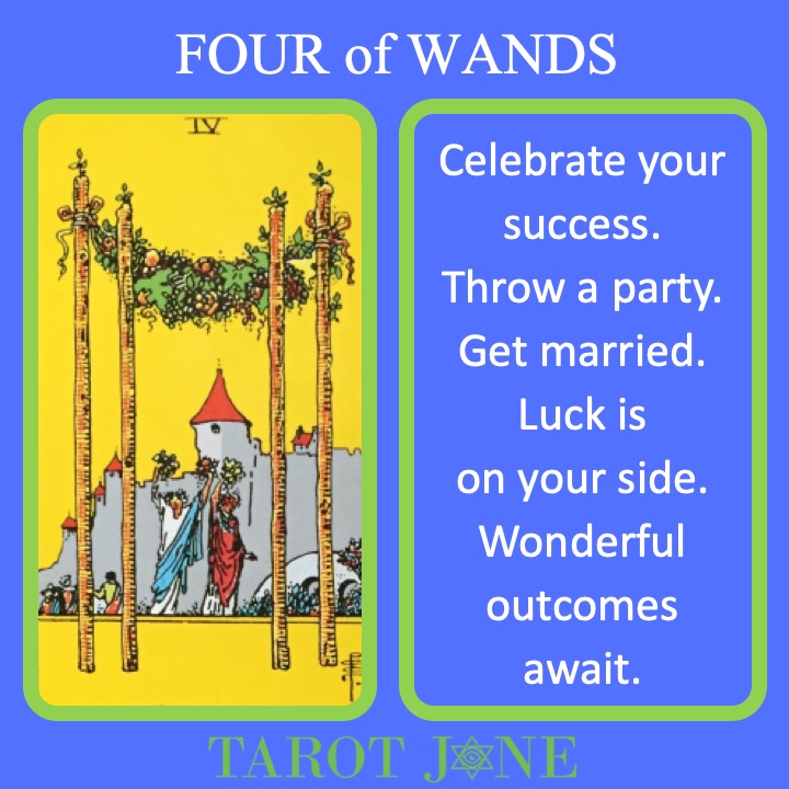 The RWS Minor Arcana Tarot Card, 4 of Wands, shows a wedding celebration indicating a joyous time.