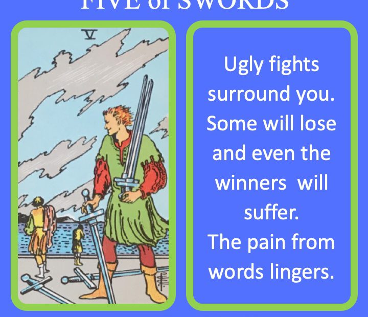 The RWS Minor Arcana Tarot Card, the 5 of Swords, shows a fighter looking back on those who lost their swords indicating painful battles.