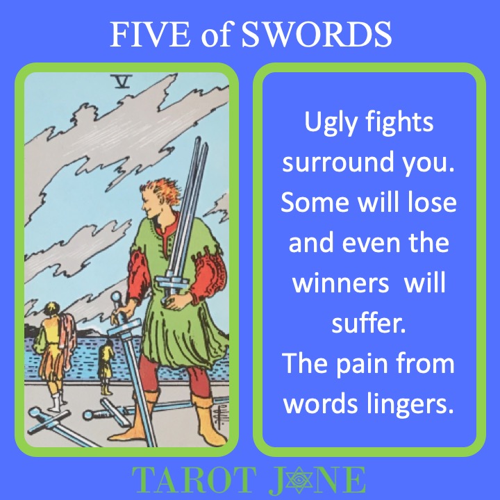 The RWS Minor Arcana Tarot Card, the 5 of Swords, shows a fighter looking back on those who lost their swords indicating painful battles.