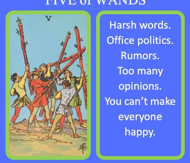 The RWS Minor Arcana Tarot Card, 5 of Wands, shows fighting with staffs indicating conflict.