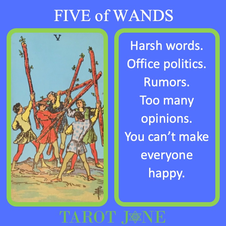 The RWS Minor Arcana Tarot Card, 5 of Wands, shows fighting with staffs indicating conflict.