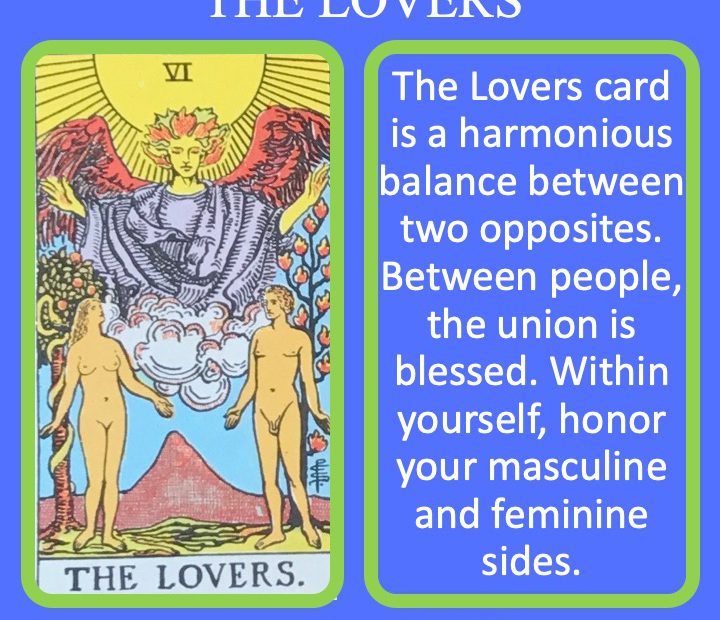 The 7th RWS Major Arcana Tarot Card depicts an angel blessing two lovers and indicates the balance of opposites.