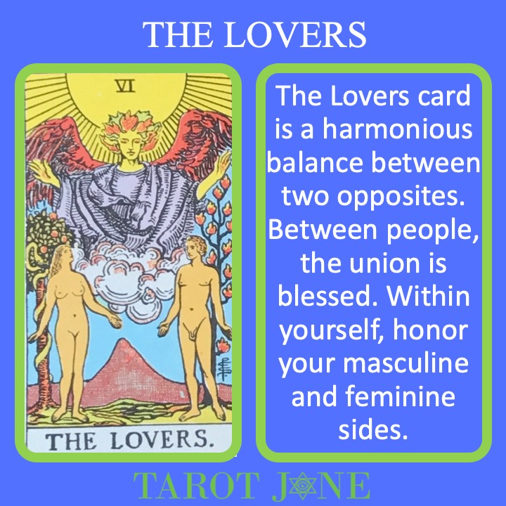 The 7th RWS Major Arcana Tarot Card depicts an angel blessing two lovers and indicates the balance of opposites.