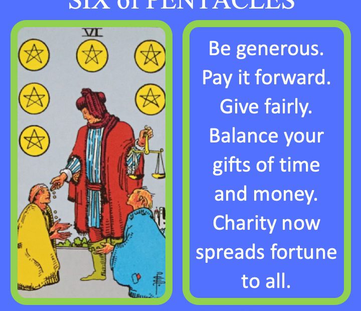 The RWS Minor Arcana Tarot Card, 6 of Pentacles, shows a wealthy figure weighing their charitable gifts indicating the need for balanced generosity.