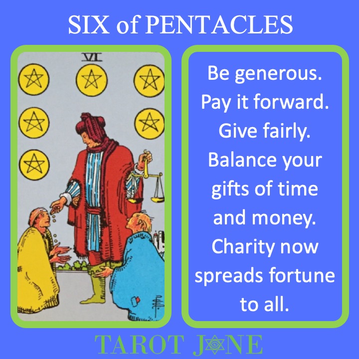 The RWS Minor Arcana Tarot Card, 6 of Pentacles, shows a wealthy figure weighing their charitable gifts indicating the need for balanced generosity. 
