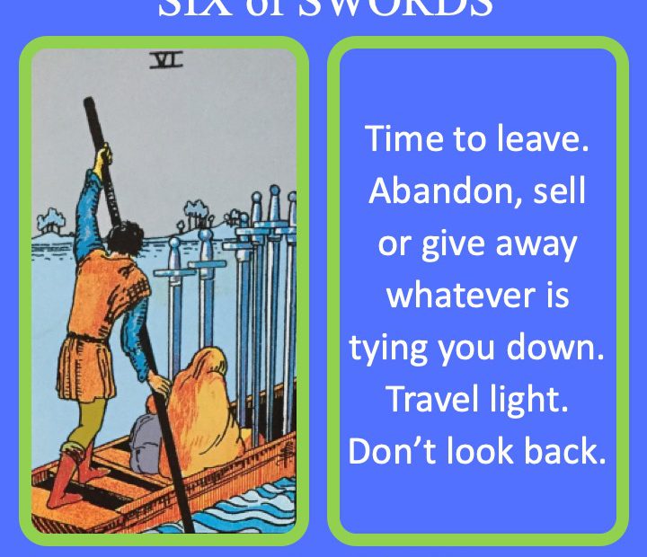 The RWS Minor Arcana Tarot Card, 6 of Swords, shows a boat crossing the River Styx indicating a time of no return.