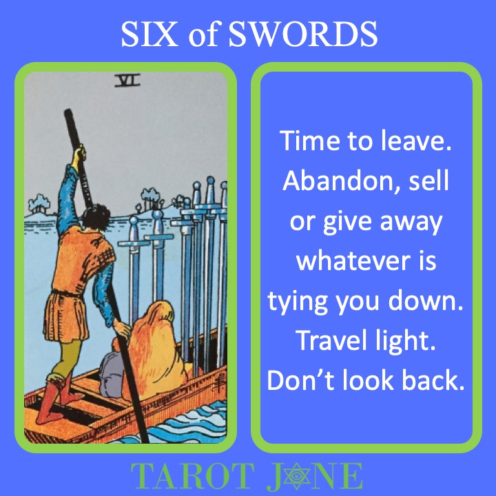 The RWS Minor Arcana Tarot Card,  6 of Swords, shows a boat crossing the River Styx indicating a time of no return.