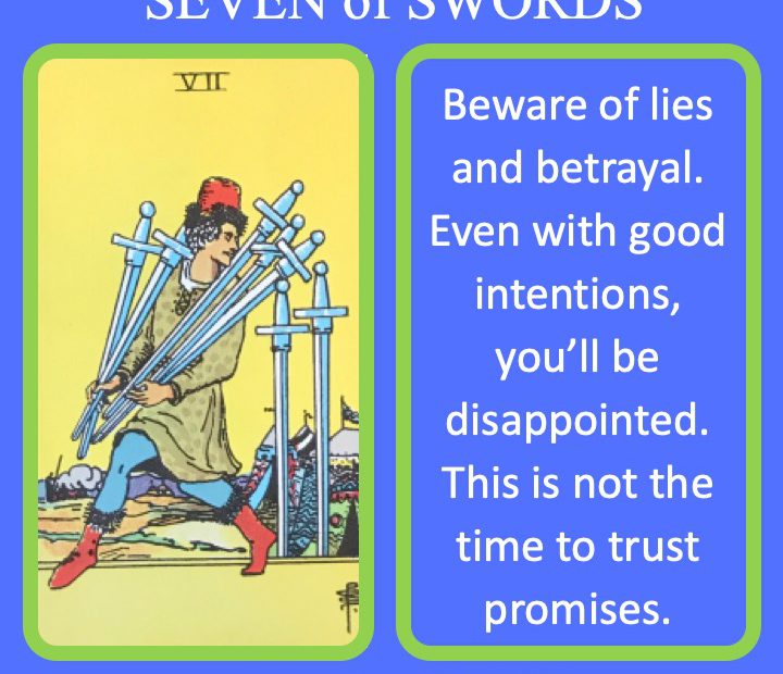 The RWS Minor Arcana Tarot Card, 7 of Swords, shows a thief carrying off swords indicating lies and betrayal.