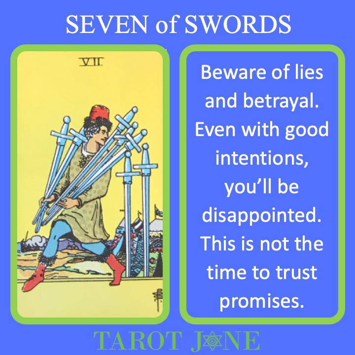 The RWS Minor Arcana Tarot Card, 7 of Swords, shows a thief carrying off swords indicating lies and betrayal. 