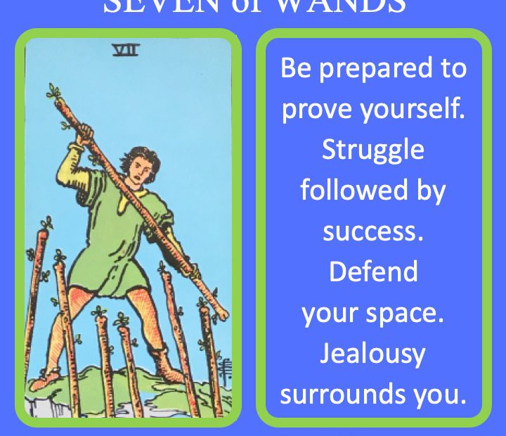 The RWS Minor Arcana Tarot Card, 7 of Wands, shows a fighter defending their high ground indicating a need to defend your positions of power.