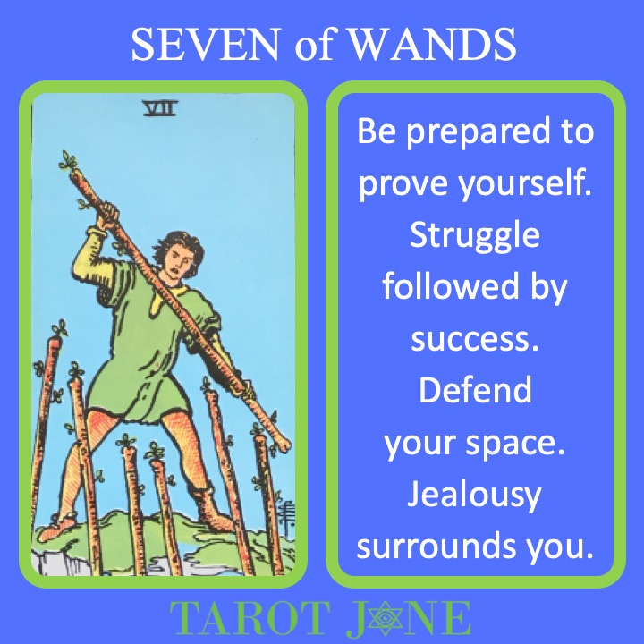 The RWS Minor Arcana Tarot Card, 7 of Wands, shows a fighter defending their high ground indicating a need to defend your positions of power.