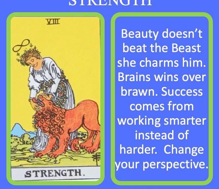The 9th RWS Major Arcana Card shows a woman taming a lion and indicates that charm soothes the savage beast.
