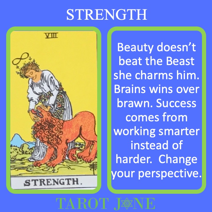 The 9th RWS Major Arcana Card shows a woman taming a lion and indicates that charm soothes the savage beast.