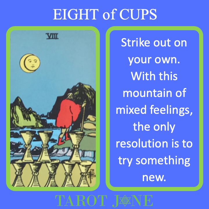 The RWS Minor Arcana Tarot Card, the 8 of Cups, shows a figure walking away from 8 cups indicating the time for emotional distance.
