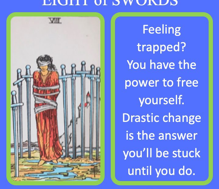 The RWS Minor Arcana Tarot Card, 8 of Swords, shows an imprisoned figure indicating the willingness to allow yourself to be trapped.