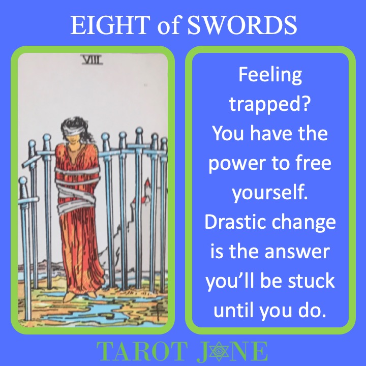 The RWS Minor Arcana Tarot Card, 8 of Swords, shows an imprisoned figure indicating the willingness to allow yourself to be trapped.